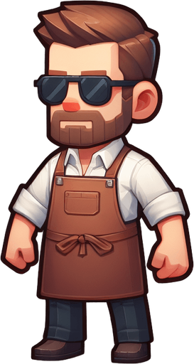 sakallı ve az bıyıklı  güneş gözlüklü 26 lı yaşlarda bir beyefendi ayak üstünde dursun üzerinde önlük olsun.
Single Game Texture.  In-Game asset.  2d.  Blank background.  High contrast.  No shadows