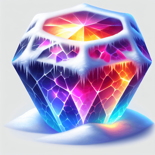 a precious colorful glowing gem with snow and ice on it.
Single Game Texture. In-Game asset. 2d. Blank background. High contrast. No shadows.
