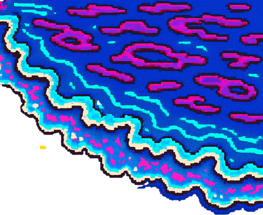 Top down view of a shallow wave water on a beach shore..80s arcade machine graphics. 

In-Game asset.  2d.  High contrast.  No shadows