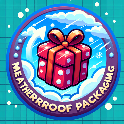 icon of a weatherproof christmas present flying in the sky, on a circle, cartoon. With the text: "weatherproof packaging" Single Game Texture. In-Game asset. 2d. Blank background. High contrast. No shadows.