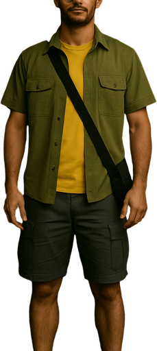 Full-length picture of the same character, his black hat and grey cargo shorts can be visible