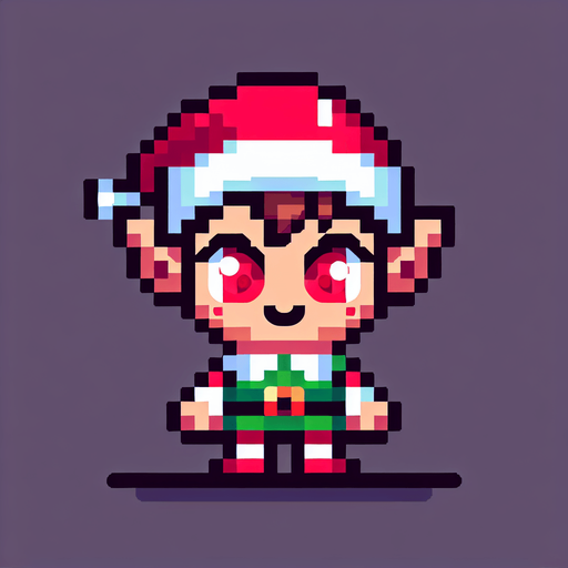 16 bit sprite of a red eyed christmas elf Single Game Texture. In-Game asset. 2d. Blank background. High contrast. No shadows.