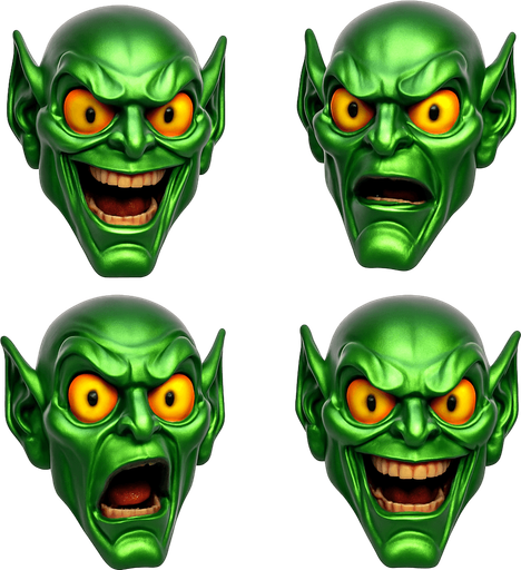 3D Scary but funny and cute face meme green goblin from spiderman movie. only face, different faces look.
In-Game asset.  3D.  High contrast.  No shadows. only face