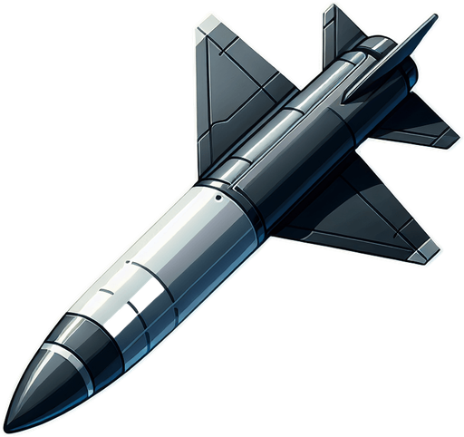 Missile 2d of a fighter plane.
Single Game Texture. In-Game asset. 2d. Blank background. High contrast. No shadows.