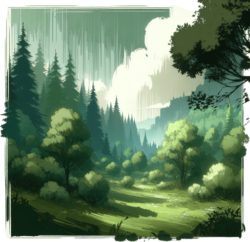 green theme forest by green tones to the sky , not to much detail just simple tree shadows trees has no details just shadowed green and shadowless places, beautiful view.
Single Game Texture.  In-Game asset.  2d.  Blank background.  High contrast.  No shadows