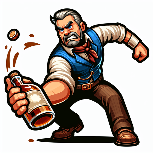 upper torso of a western cartoon barman getting ready to throw a bottle of whiskey..
Single Game Texture. In-Game asset. 2d. Blank background. High contrast. No shadows.