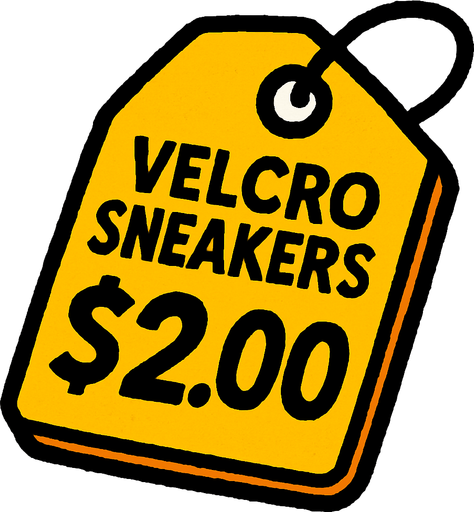 Price tag that says Velcro sneakers $2.00.
In-Game asset.  2d.  High contrast.  No shadows