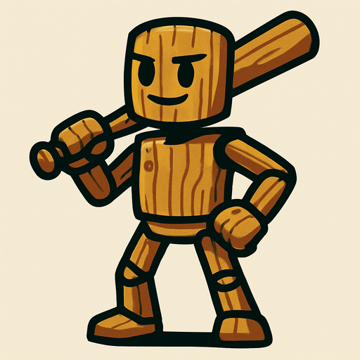 anthropomorphic wooden figure holding a baseball bat.
In-Game asset.  2d.  High contrast.  No shadows