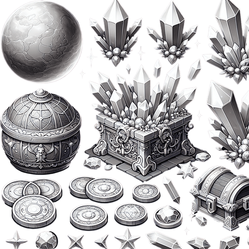 нужны ерасивые монеты, кристаллы, сундуки с кристаллами, всё это должно соответсвовать небесной тематике.
Single Game Texture. In-Game asset. 2d. Blank background. High contrast. No shadows.