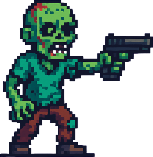 elinde silah tutan bir zombi çiz pixel tarzı ile.
In-Game asset.  2d.  High contrast.  No shadows
