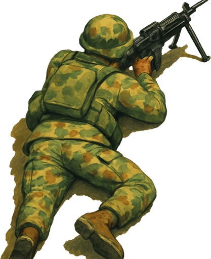 Army soldier laying with machine gun, top view from back