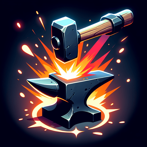 A stylized hammer striking an anvil, creating fiery sparks or engulfing the hammer head in flames..
Single Game Texture.  In-Game asset.  2d.  Blank background.  High contrast.  No shadows