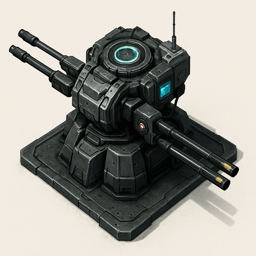 Namusu olmayan Teknolojik askeri saldırı kulesi, üstten görünüm, gerçekçi, yazısız.
In-Game asset.  High contrast.  No shadows