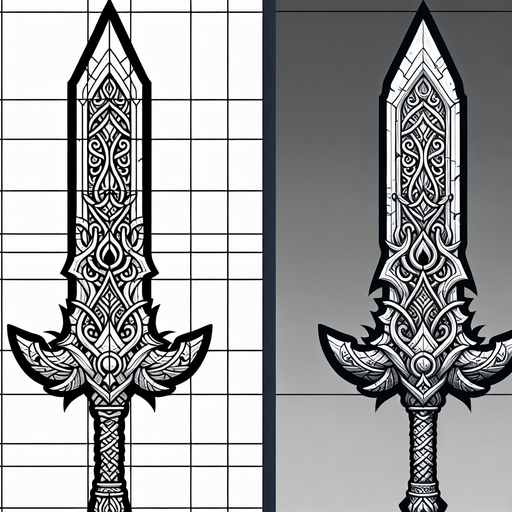 Sword.
Single Game Texture.  In-Game asset.  2d.  Blank background.  High contrast.  No shadows. 2d