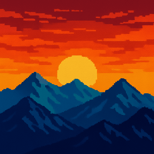 Montañas en atardecer pixelart.
In-Game asset.  2d.  High contrast.  No shadows