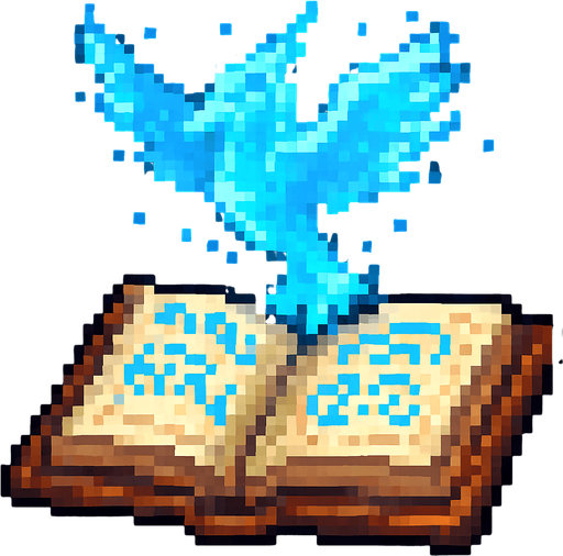 "2D pixel art of a glowing blue bird symbol emerging from an open magical spellbook. The spellbook has worn covers and glowing arcane runes on its pages. The bird symbol floats above the book, made of shimmering blue magical energy, with soft glowing edges and a slightly transparent, ethereal look. It represents a magical creature or summon. Designed in classic 16-bit fantasy RPG pixel art style. Transparent background.".
In-Game asset.  2d.  High contrast.  No shadows