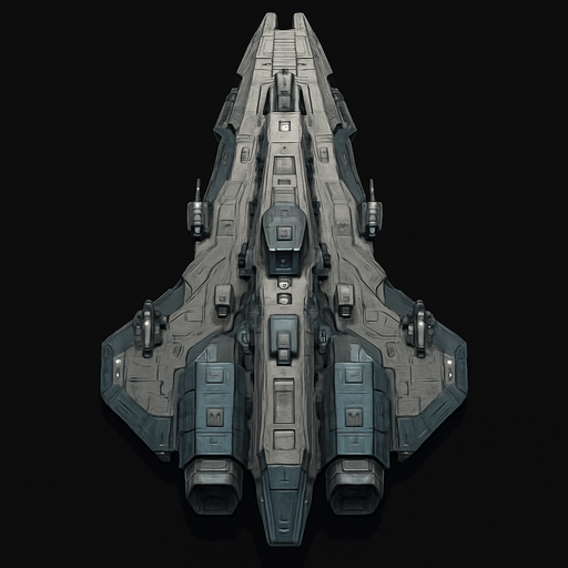 Uzay temalı Savaş Gemisi, gerçekçi, yazısız üstten görünüm. 
In-Game asset.  High contrast.  No shadows
