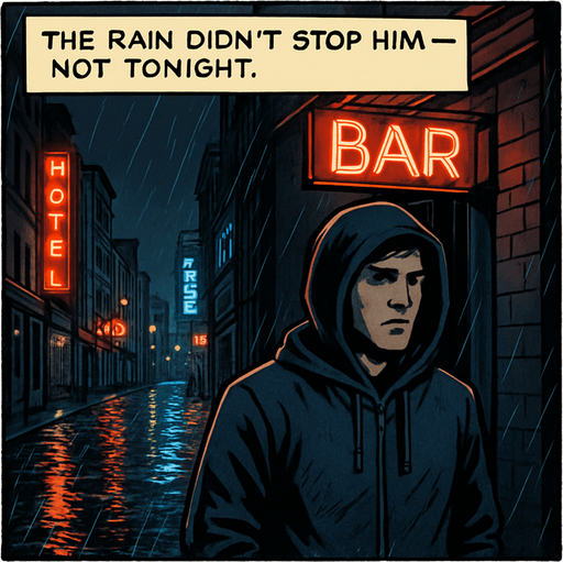 A comic panel styled like a square photo print with a clean white border. Realistic comic art. Scene: A rainy city street at night, neon signs reflecting on wet pavement, Noah stands under a flickering bar sign, hood up, looking uncertain. Narrator box at the top reads: “The rain didn’t stop him — not tonight.”.
In-Game asset.  2d.  High contrast.  No shadows