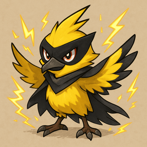 Um monstrinho do tipo elétrico inspirado em Pokémon e Digimon Classe Rpg aparência Bem-te-vi e Zorro