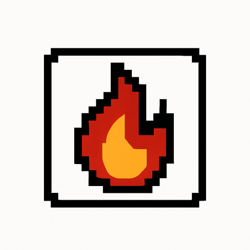 top-down view, simple minimal white square icon, centered flame symbol inside, clear sharp lines, no background, clean style, for game UI button, 30x30 px, black red yellow.
In-Game asset.  2d.  High contrast.  No shadows