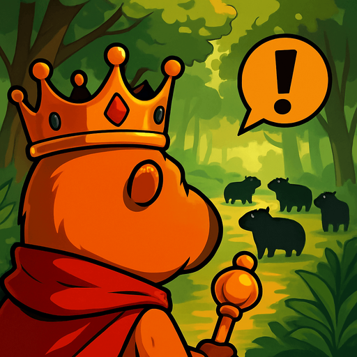 El rey ve al fondo del bosque a los capybaras negros. El esta de espaldas y a su lado sale un signo de exclamacion.