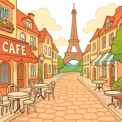 A charming cartoon-style Paris street scene with the Eiffel Tower, cobblestone roads, and café tables. Soft colors and romantic ambiance. Designed for an accordion-themed music game. Export as wide PNG..
In-Game asset.  2d.  High contrast.  No shadows