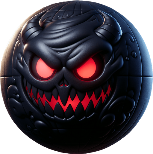 uma bola preta com chifres, e com olhos vermelhos com um sorriso assustador, fundo png.
Single Game Texture. In-Game asset. 3d. Blank background. High contrast. No shadows.