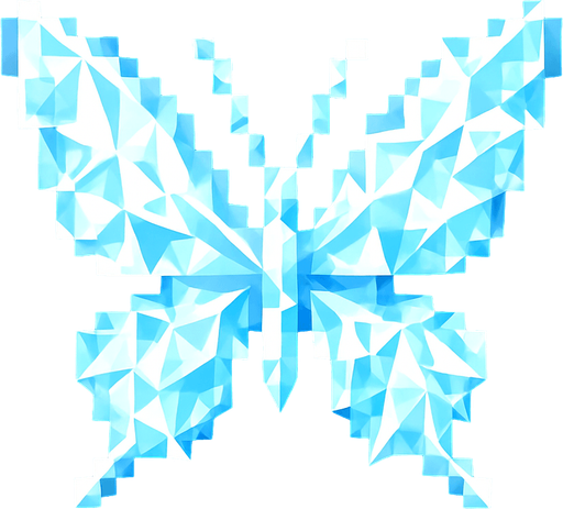 butterfly of white and light blue pixels like crystal.
In-Game asset.  2d.  High contrast.  No shadows. 8-bits