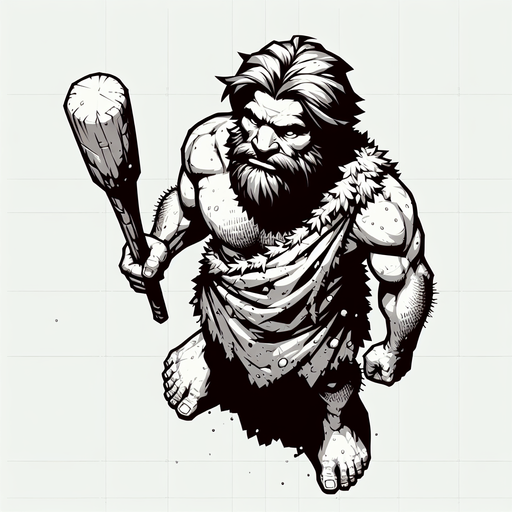 a caveman with a club, seen from above.
Single Game Texture. In-Game asset. 2d. Blank background. High contrast. No shadows.