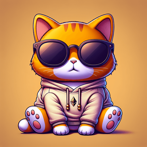 The character in the image evolves into an Ethereum blockchain developer, while maintaining its cartoon-style charm as an orange tabby cat with vivid stripes. Its round face, framed by a pair of oversized, round, dark opaque sunglasses, suggests a keen focus on the digital world. The cat's compact, chubby form, accentuated by its small body relative to its head, now symbolizes a blend of cuteness and intellectual curiosity. Clad in a simple, light-colored hoodie with a drawstring, the attire is subtly updated with Ethereum logos and blockchain-related motifs, hinting at its specialized coding expertise. In one paw, it might hold a miniature smart contract or a digital token, representing its involvement in Ethereum development. Positioned comfortably with its paws in front, the cat sits in a posture that combines relaxation with readiness, embodying the spirit of a developer poised to innovate within the Ethereum ecosystem. This adaptation retains the playful and whimsical essence of the original character, making it an ideal figure for stories or platforms that aim to introduce children to the complexities of blockchain technology in an accessible and engaging manner..
Single Game Texture. In-Game asset. 2d. Blank background. High contrast. No shadows.