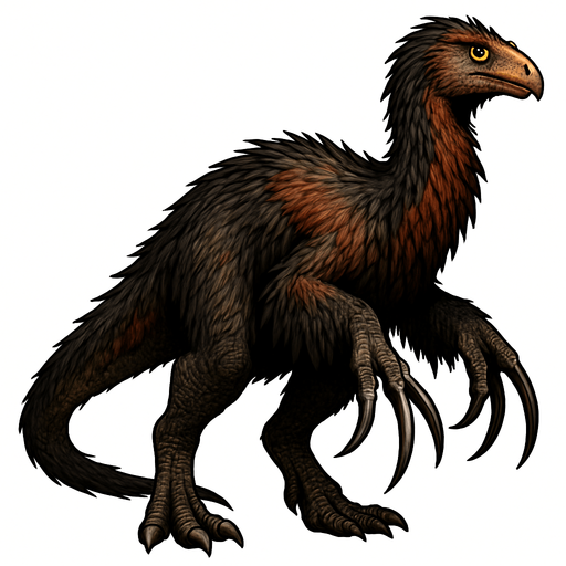 A realistic Therizinosaurus dinosaur covered in long, shaggy feathers with colors blending dark brown, black, and hints of rusty red. The feathers are especially thick on the neck, back, and arms, giving it a bird-like, primal appearance. Its long, powerful arms end in enormous, curved claws that are glossy and sharp. The small head has a beaked mouth and alert yellow eyes. The legs and tail show patches of scaly skin beneath the feather covering. The stance is slightly hunched, emphasizing its unusual shape and intimidating size..
In-Game asset.  2d.  High contrast.  No shadows