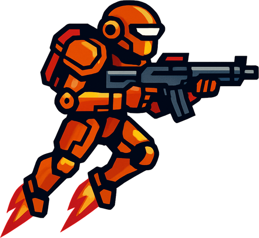 tentara robot terbang sambil memegang senjata rifle. side scroll view.
In-Game asset.  2d.  High contrast.  No shadows