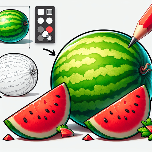 A watermelon and some pieces of watermelon.
Single Game Texture. In-Game asset. 2d. Blank background. High contrast. No shadows.