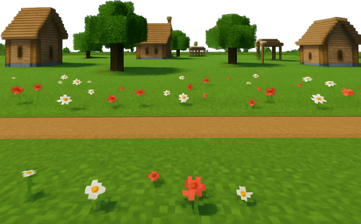 evleri ağaçları biraz daha uzaklaştır yoldan çimenliğe biraz çicek koy çok küçük yol ve çimenlik asla renk ve şekil değiştirmemeli