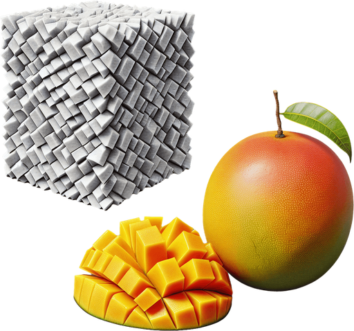 A mango and a few slices  of mango.
Single Game Texture. In-Game asset. 2d. Blank background. High contrast. No shadows.