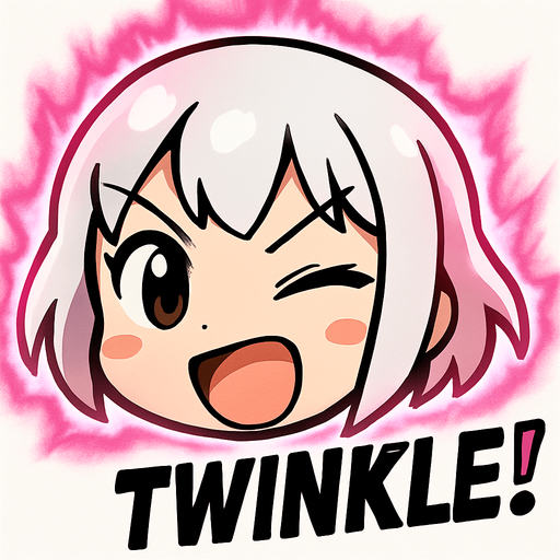 Haz una animación en la que solo se vea su cara recortada, un aura de energía rosada rodeándola, y que aparezca como una viñeta que demuestre que está a punto de hacer su acción definitiva. Que escriba la palabra TWINKLE! abajo a la derecha. La imagen debe tener un fondo color blanco