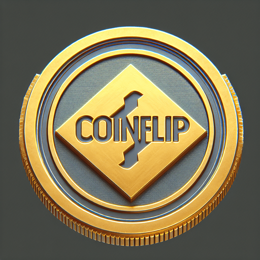 a gold coin saying 'coinflip'.
In-Game asset. 2d. Blank background. High contrast.