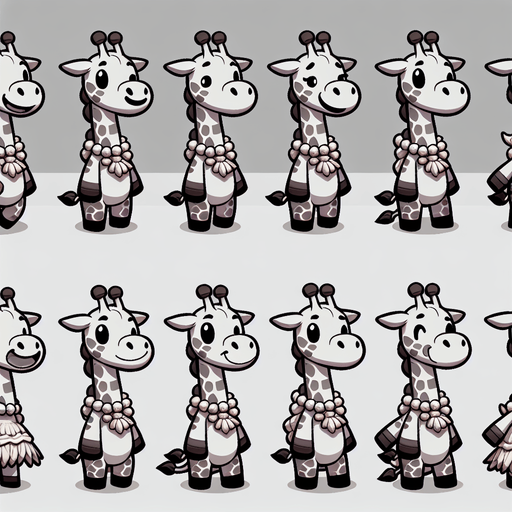 A spritesheet with a number of poses of a cartoonish giraffe with a seashell necklace, smiling, walking, waiting, standing, ordering, turning, etc. all seen from the side.The spritesheet should be laid out in a rectangular grid with clear space between each individual sprite. Each sprite in the sheet should be around 300x600 pixels in size..
Single Game Texture. In-Game asset. 2d. Blank background. High contrast. No shadows.