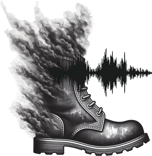 A boot icon dissolving into smoke or shadow at the heel. Sound wave symbol with a line striking through it, indicating silence..
Single Game Texture.  In-Game asset.  2d.  Blank background.  High contrast.  No shadows