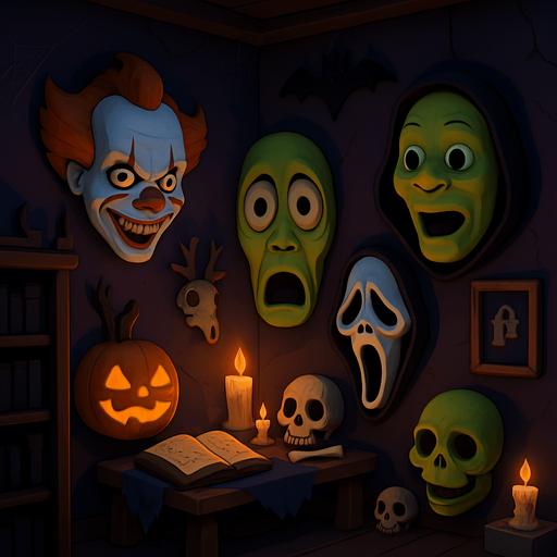 3D Scary room with many 3D decorations around, 3D scary masks of memes from movies around it.
In-Game asset.  3D.  High contrast.  No shadows. no jesus cross. no star of 6. no start of 5. no devil. HD colors
