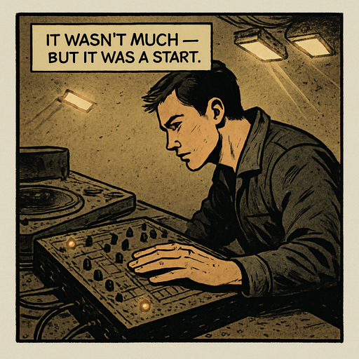 A comic panel styled like a square photo print with a clean white border. Realistic comic art. Scene: A dusty DJ booth, some lights flickering, the equipment old but intact. Noah places his hand on the mixer with a hint of reverence. Narrator box at the top reads: “It wasn’t much — but it was a start.”.
In-Game asset.  2d.  High contrast.  No shadows