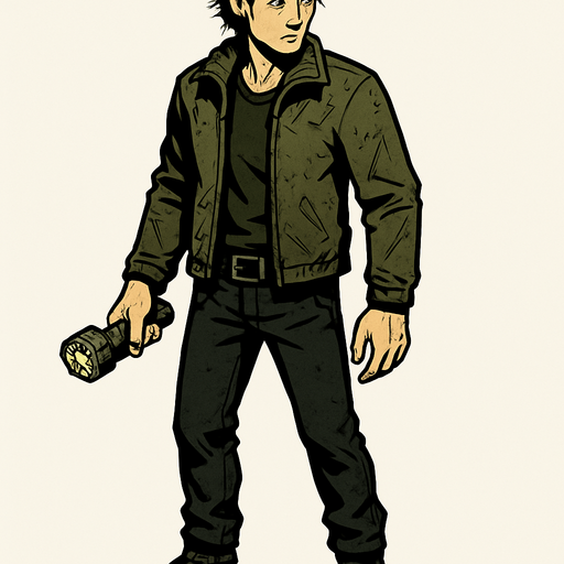 ✅ Hair: Medium-length, slightly unkempt dark hair—indicating survival hardships.
✅ Height: Around 1.75m (5'9"), agile but not overly strong.
✅ Build: Lean, slightly worn-out clothing, showing signs of past struggles.
✅ Eyes: Piercing green or amber eyes, reflecting a determined personality.
✅ Accessories: A damaged jacket with scratches, adding realism to the post-apocalyptic theme.
✅ Hand Item: A broken flashlight – essential for revealing enemies but risky in the dark!
Arin’s design should reflect their survival skills—not looking overly combat-ready but practical for the harsh environment. The flashlight mechanic will play a big role in interacting with the game’s shadow creatures..
In-Game asset.  2d.  High contrast.  No shadows