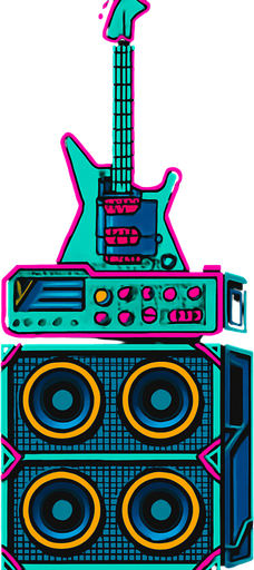 Torre de guitarra moderna, futurista con amplificacion..
In-Game asset.  2d.  High contrast.  No shadows
