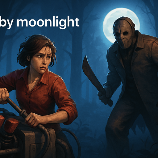 Fullscreen modern App Store landscape banner, 16:9, high definition, for a game titled "die by moonlight" and with the description "A game where player fix generators and tries to escape killer.". No text on banner,put the name on the up-left corner
