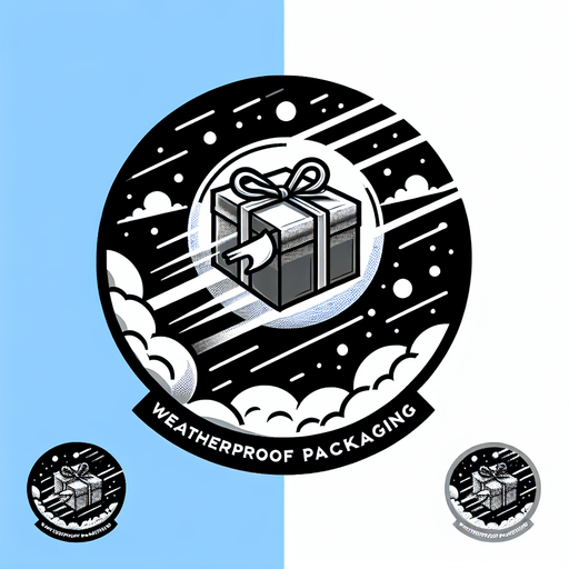 icon of a weatherproof christmas present flying in the sky, on a circle, cartoon. With the text: "weatherproof packaging" Single Game Texture. In-Game asset. 2d. Blank background. High contrast. No shadows.
