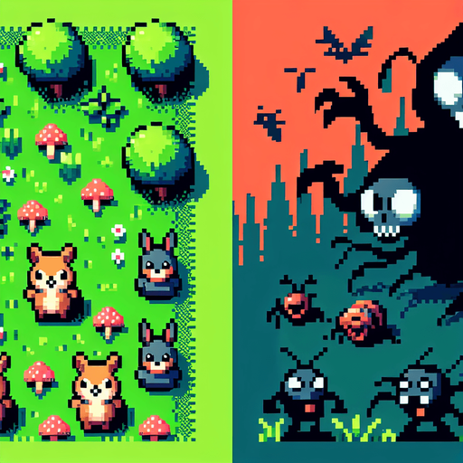 grma dengra de uhna mitad con bichos malignos atacando a personas y en la otra mitad grama verde llamativa con animales de bosque adorables
pixel art.
Single Game Texture.  In-Game asset.  2d.  Blank background.  High contrast.  No shadows