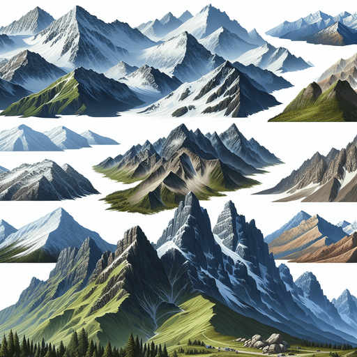 diffrent kinds of mountains.
Single Game Texture.  In-Game asset.  High contrast