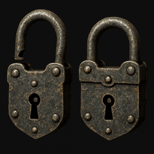 Old metal lock opened and closed.
In-Game asset.  3d.  High contrast.  No shadows