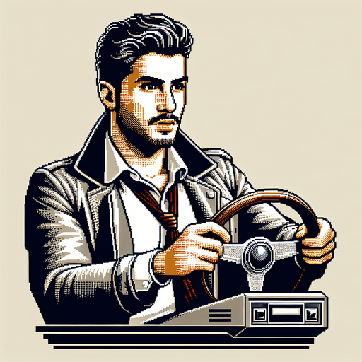 cool looking driver holding a car wheel as if he's driving. 30 years old. vintage retro 1980 style. 3/4 view. pixelated. 8 bit. Single Game Texture. In-Game asset. 2d. Blank background. High contrast. No shadows.