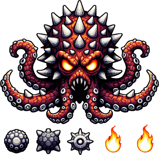 I need an octopus that looks like bowser.
Single Game Texture.  In-Game asset.  2d.  Blank background.  High contrast.  No shadows